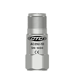 A compact size, stainless steel, top exit AC292 accelerometer engraved with the CTC logo, part number, serial number, and CE certification logo.